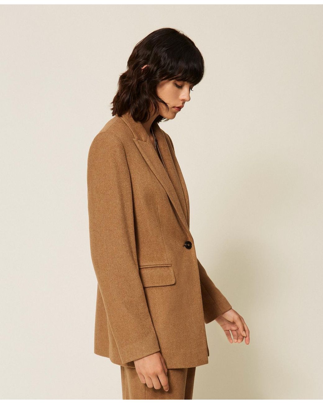 Twinset Natural Wool Blend Blazer With Chevron Pattern