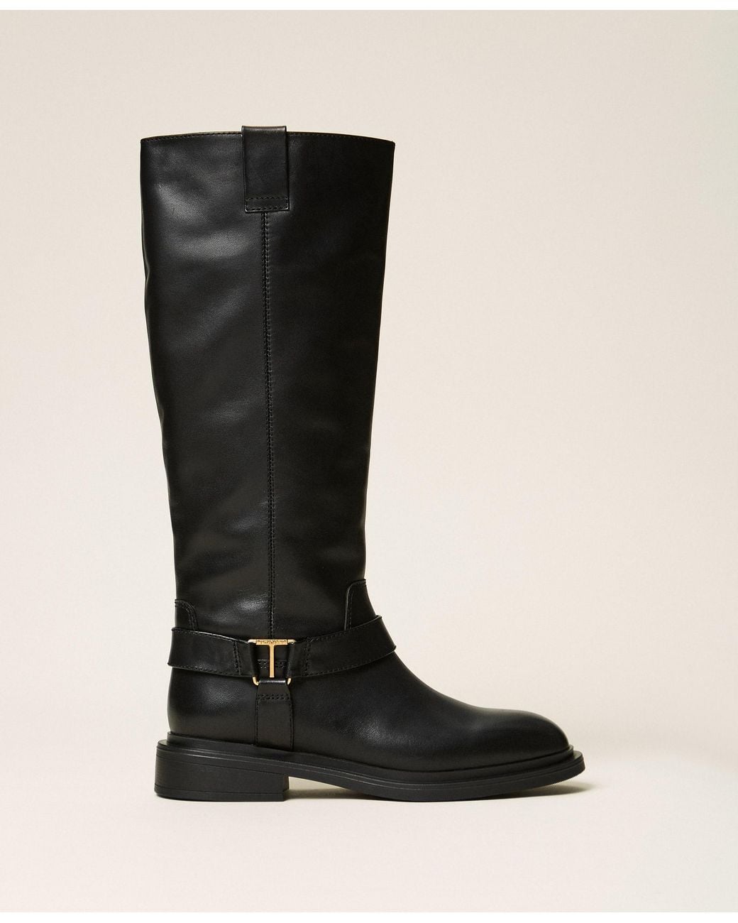 Twinset Black Leather Boots With Logo