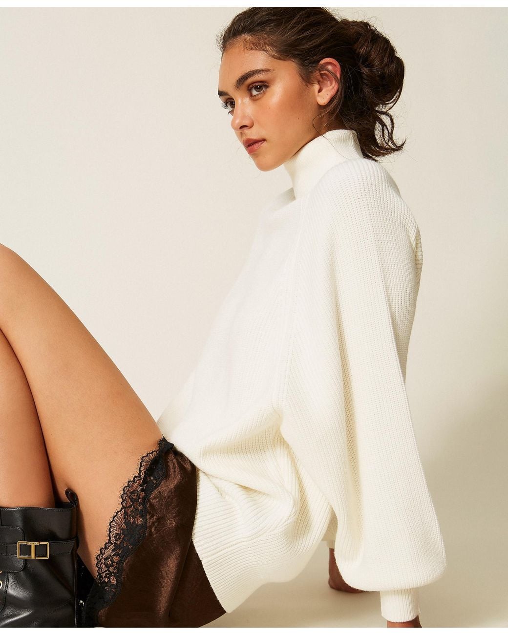 Twinset Natural Oversized Jumper With Roller Neck