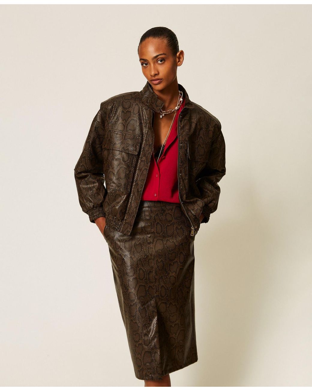 Twinset Red Faux Python Print Leather Bomber Jacket