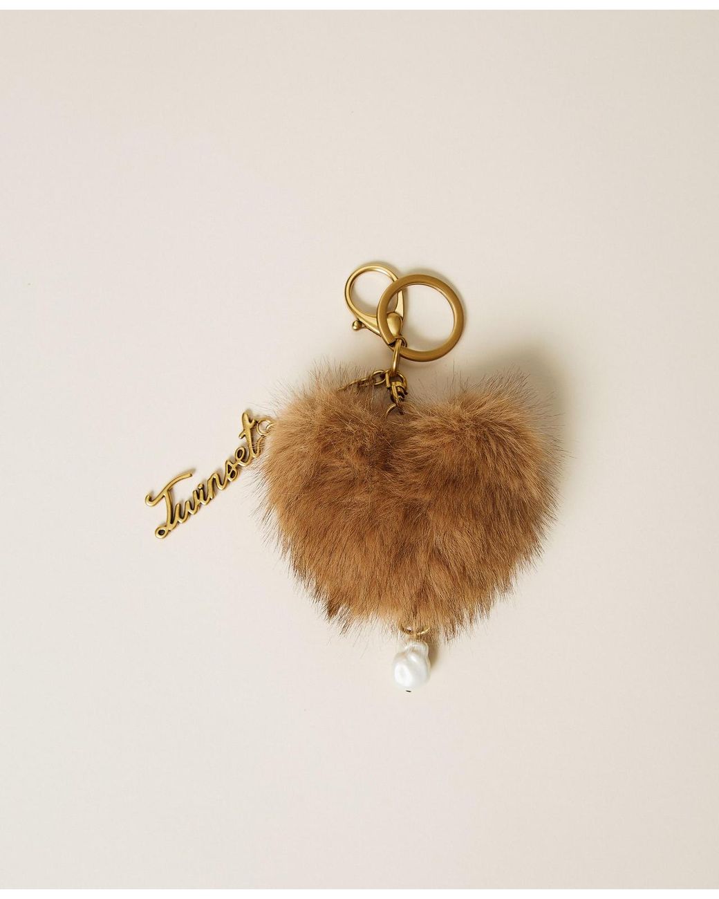 Twinset Natural Faux Fur Heart-Shaped Key Ring