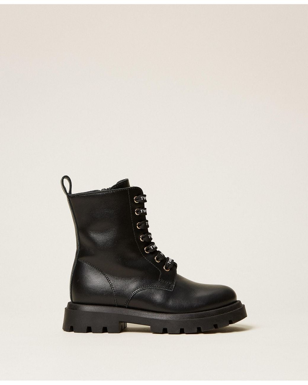 Twinset Black Baby's Leather Combat Boots With Logo
