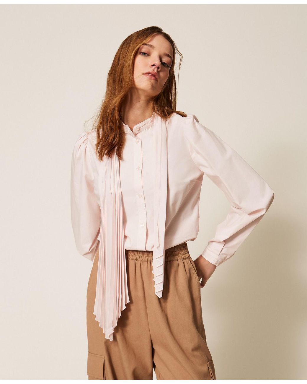 Twinset Natural Poplin Shirt With Pleated Sash