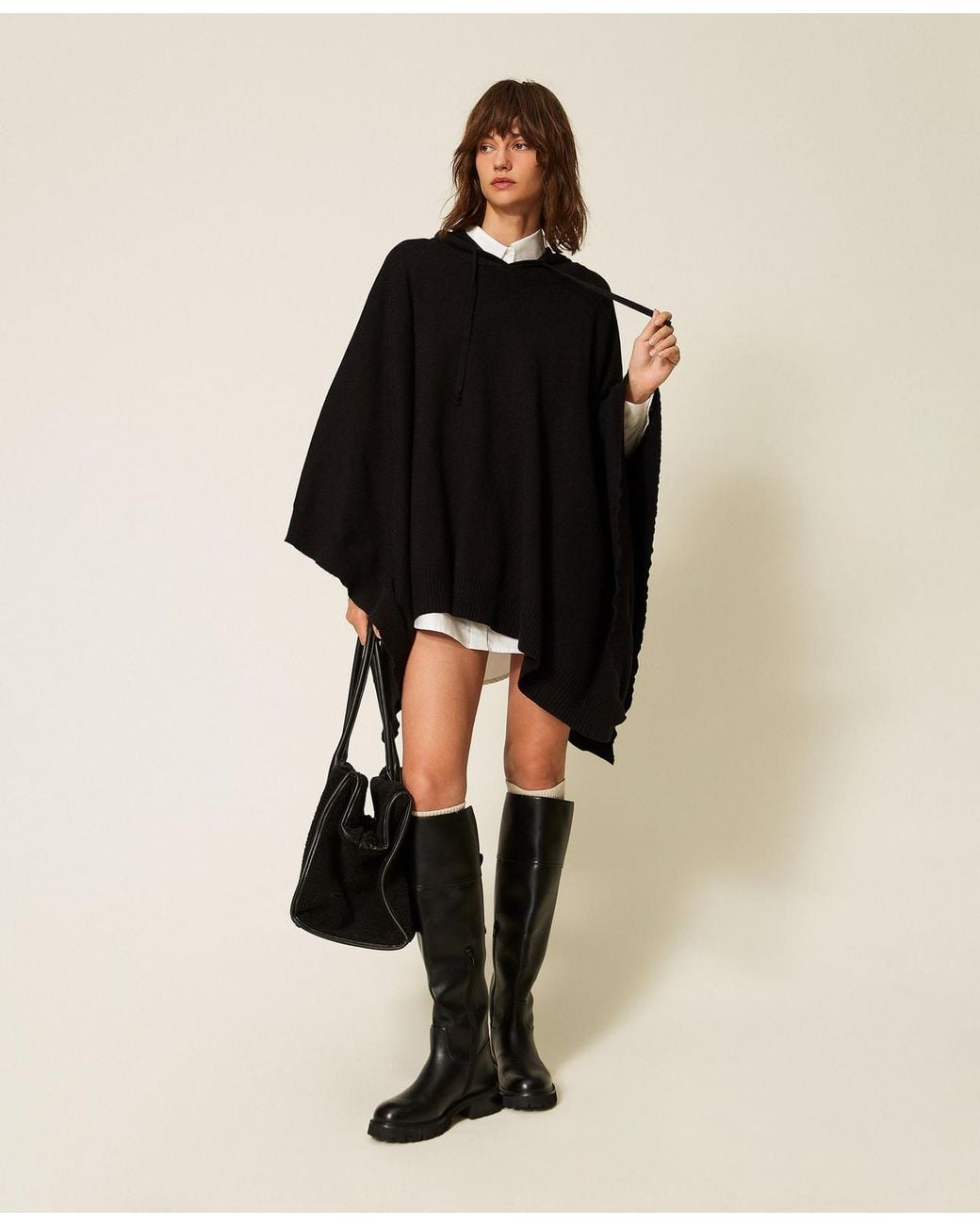 Twinset Black Knit Cape With Logo