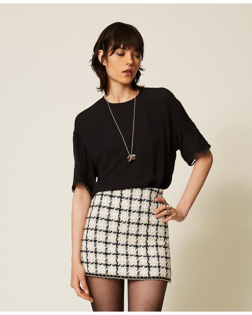 Twinset Black Crêpe De Chine Blouse With Scalloped Embroidery