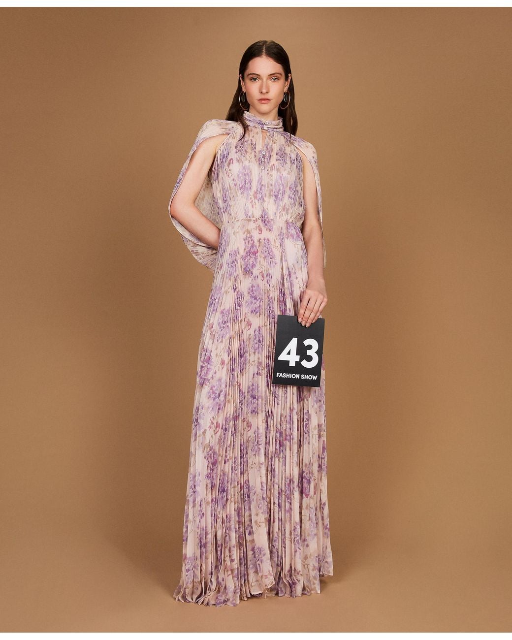 Twinset Brown Long Pleated Creponne Floral Dress