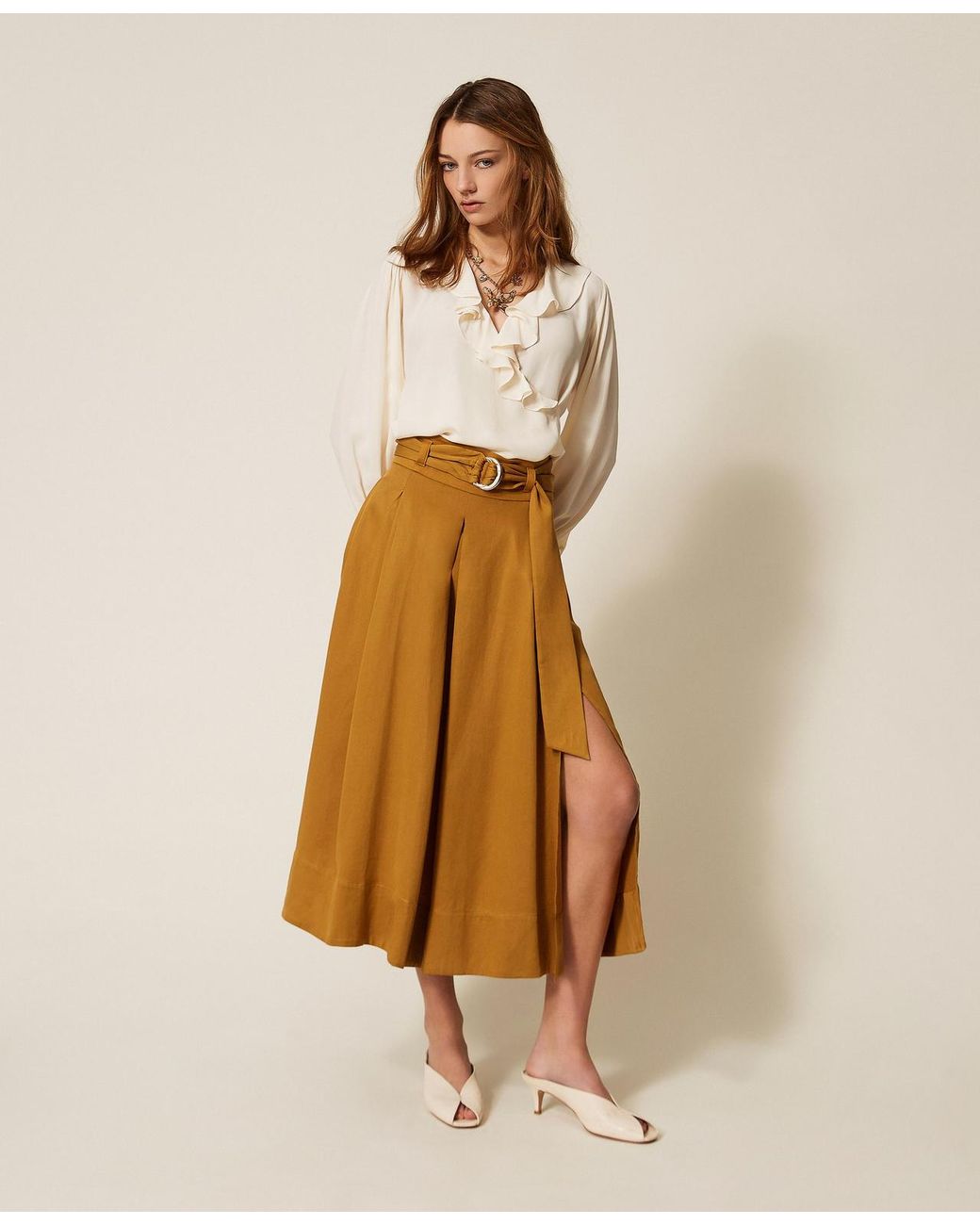 Twinset Natural Long Twill Skirt With Belt