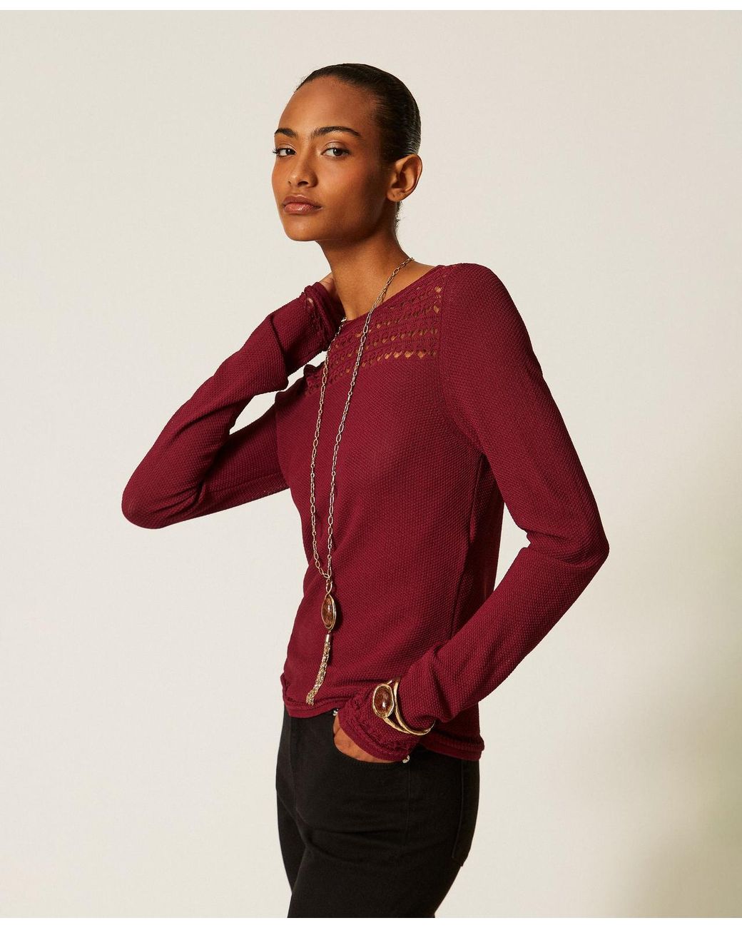 Twinset Red Crew Neck Jumper With Cable Pattern