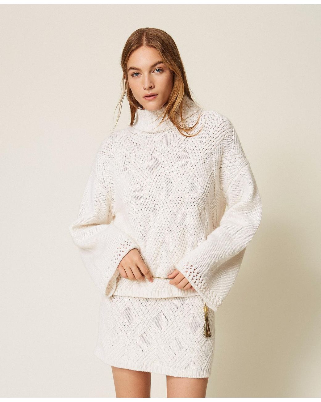 Twinset Natural Turtleneck Jumper With Criss-Cross Pattern