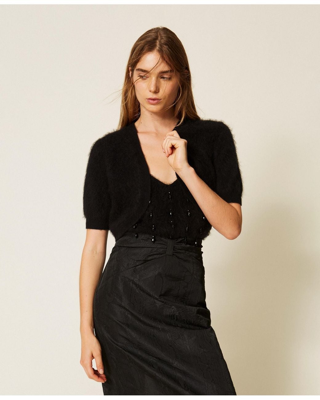 Twinset Black Brushed Wool Blend Shrug