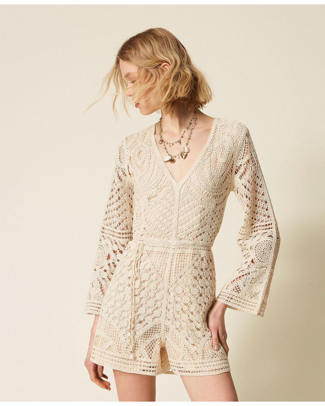 Twinset Natural Crochet Jumpsuit With Belt