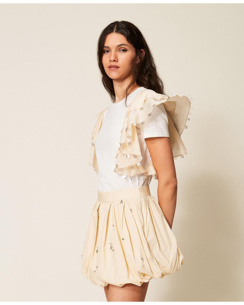 Twinset Natural Regular T-Shirt With Voile Sleeves
