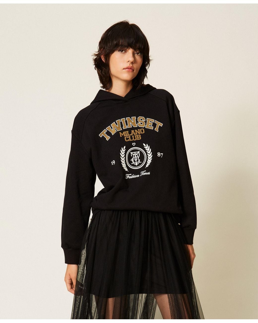 Twinset Black Hoodie With Logo Print