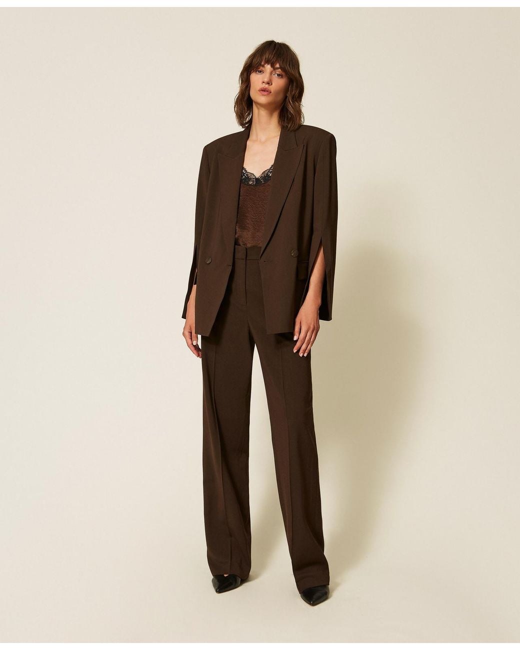 Twinset Natural Straight Twill Trousers With Pockets