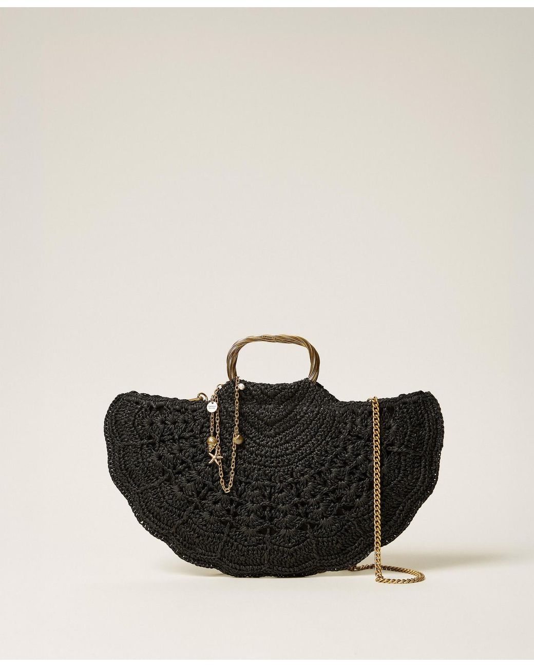 Twinset Black Crochet Raffia Shoulder Bag