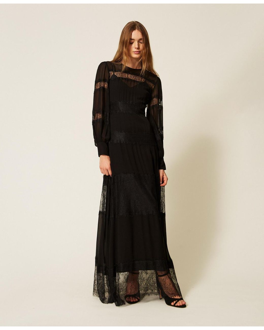 Twinset Black Georgette And Lace Long Dress