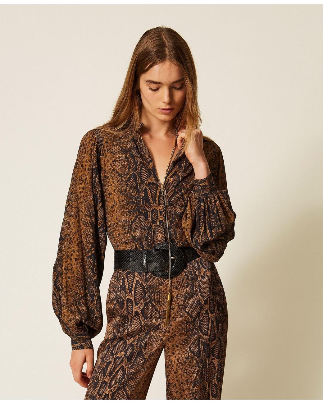 Twinset Brown Crêpe De Chine Python Print Shirt