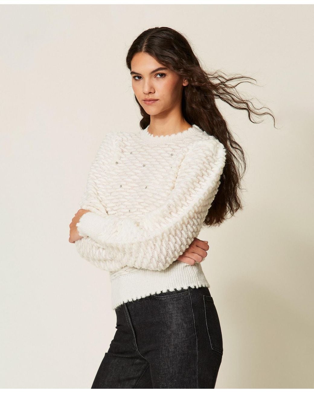 Twinset Natural Recycled Yarn Jumper With Embroidery