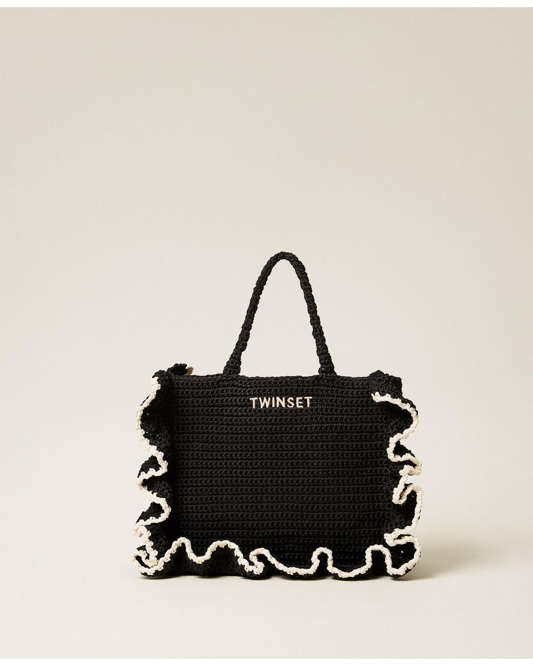 Twinset Black Crochet Shopper Bag With Flounces