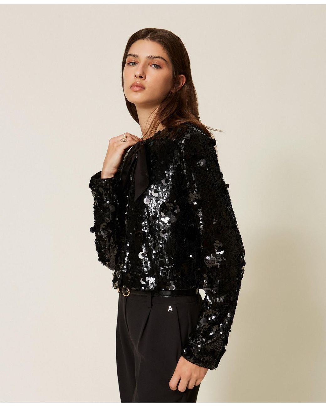 Twinset Black Full Sequin Jacket With Flowers