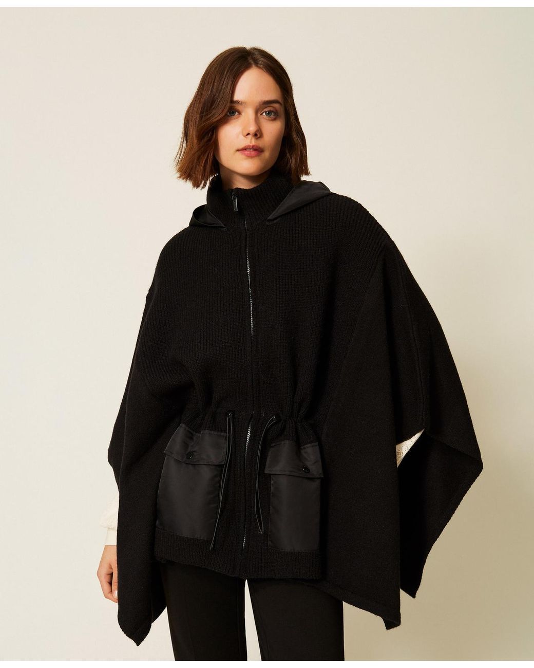 Twinset Black Knit Poncho With Hood