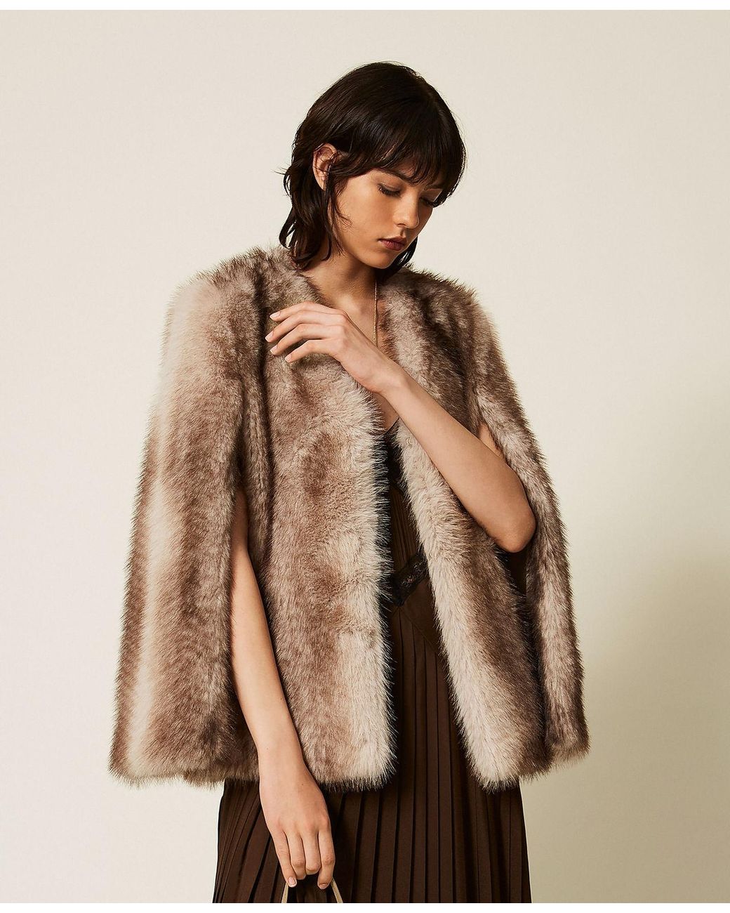 Twinset Natural Faux Fur Cape Jacket