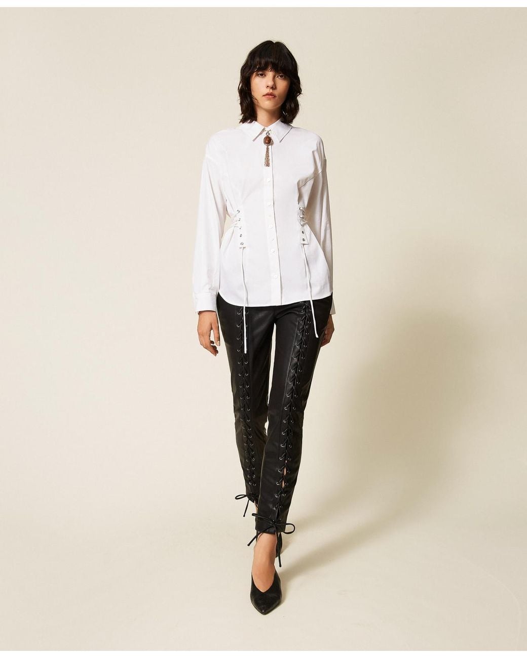 Twinset Natural Faux Leather Trousers With Ties