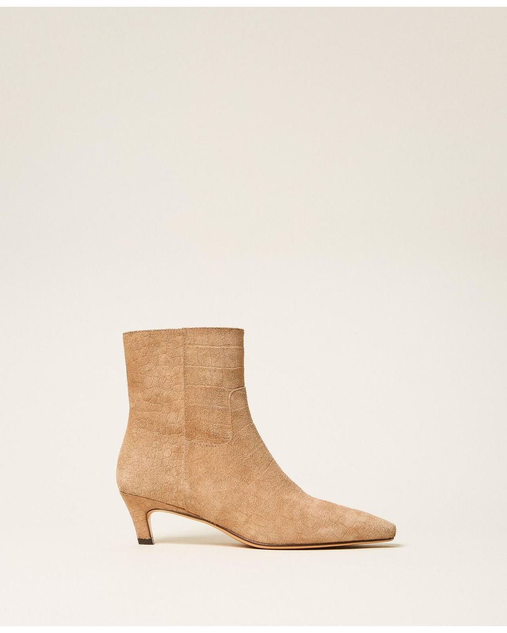 Twinset Natural Crocodile Print Suede Ankle Boots