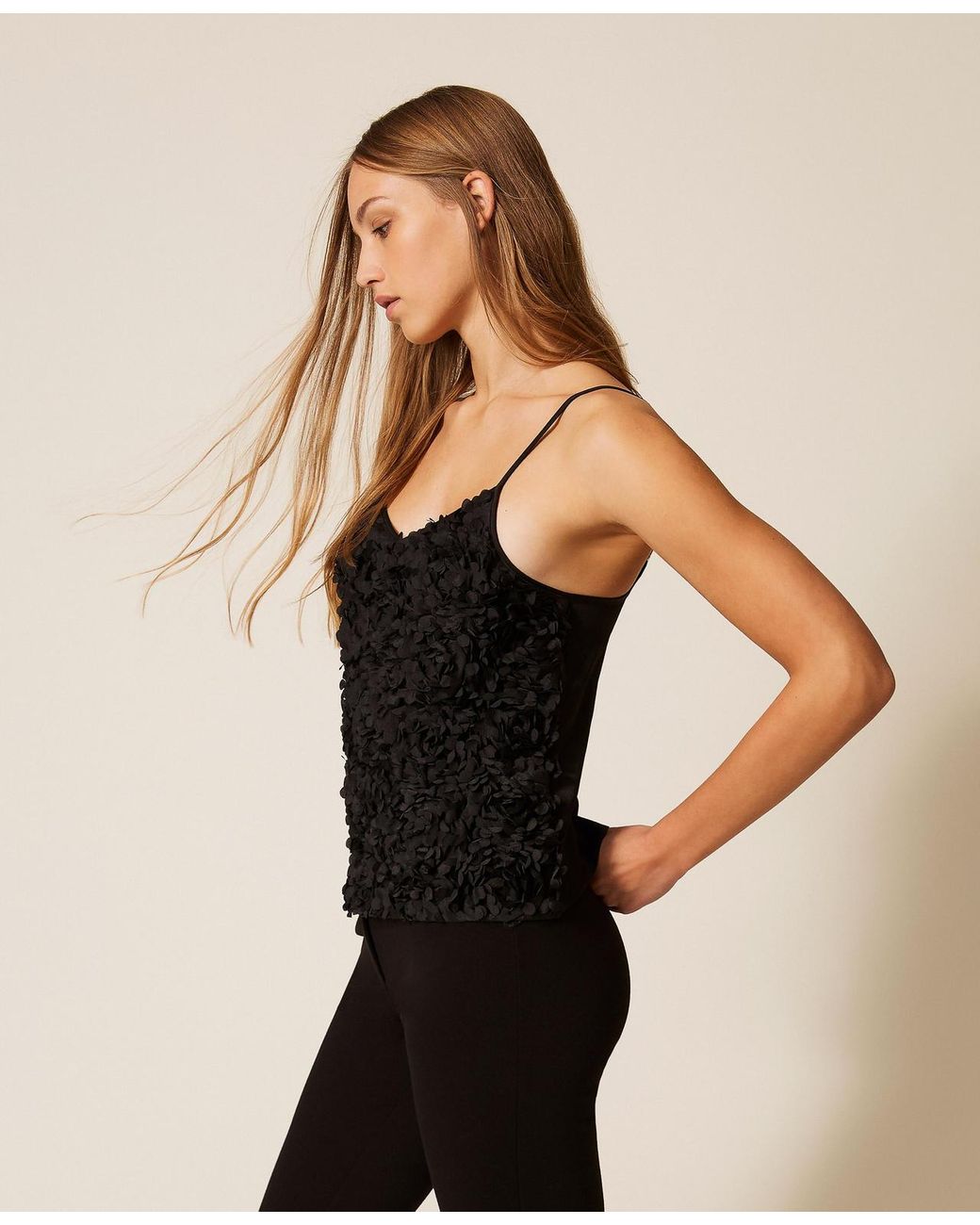 Twinset Black Crêpe De Chine And Tulle Top With Flowers