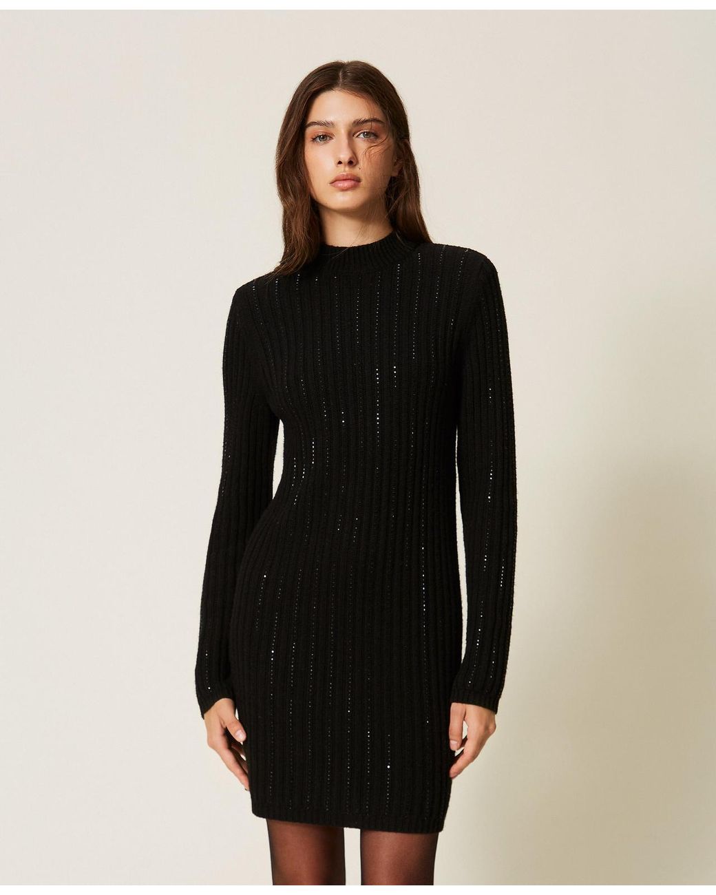 Twinset Black Short Wool Knit Blend Dress With Rhinestones