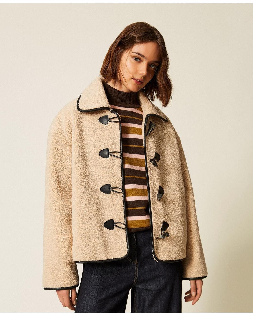 Twinset Natural Faux Fur Caban Coat With Frog Fasteners