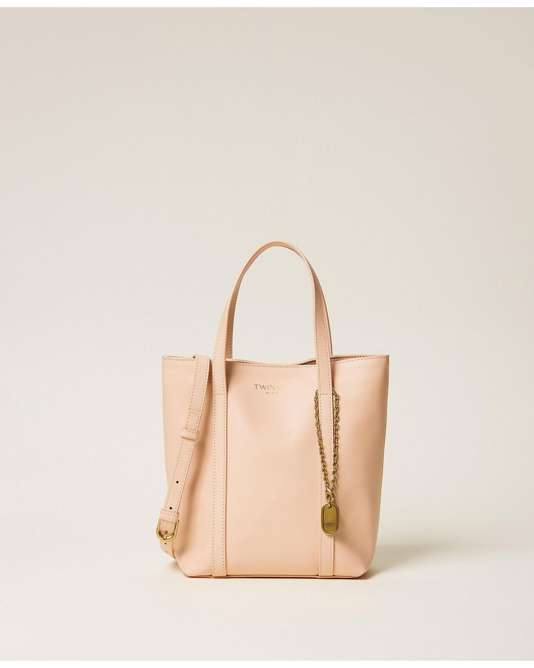 Twinset Natural Leather Shopper Bag With Charm