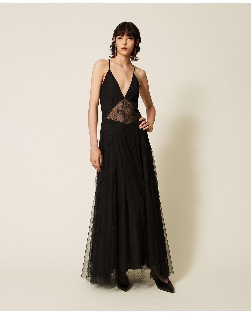 Twinset Black Long Plumetis Tulle Dress With Lace