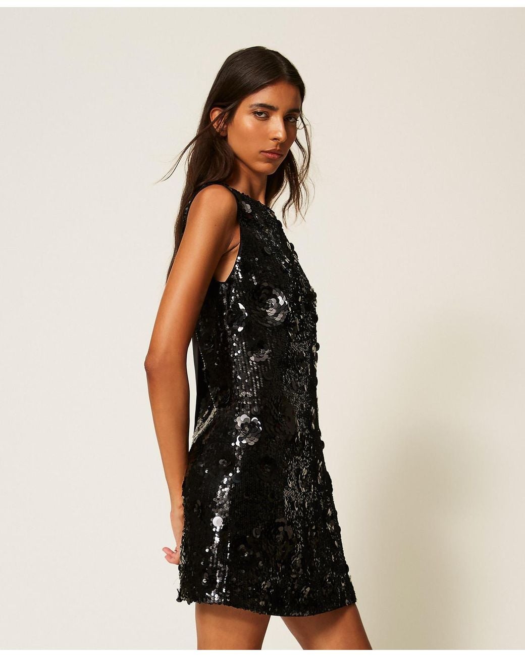 Twinset Black Full Sequin Long Dress With Flowers