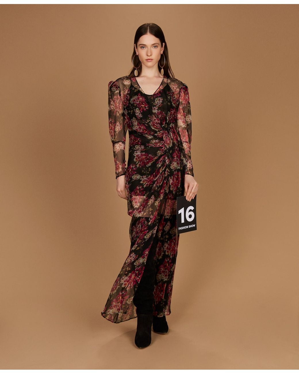 Twinset Brown Long Silk Creponne Floral Dress