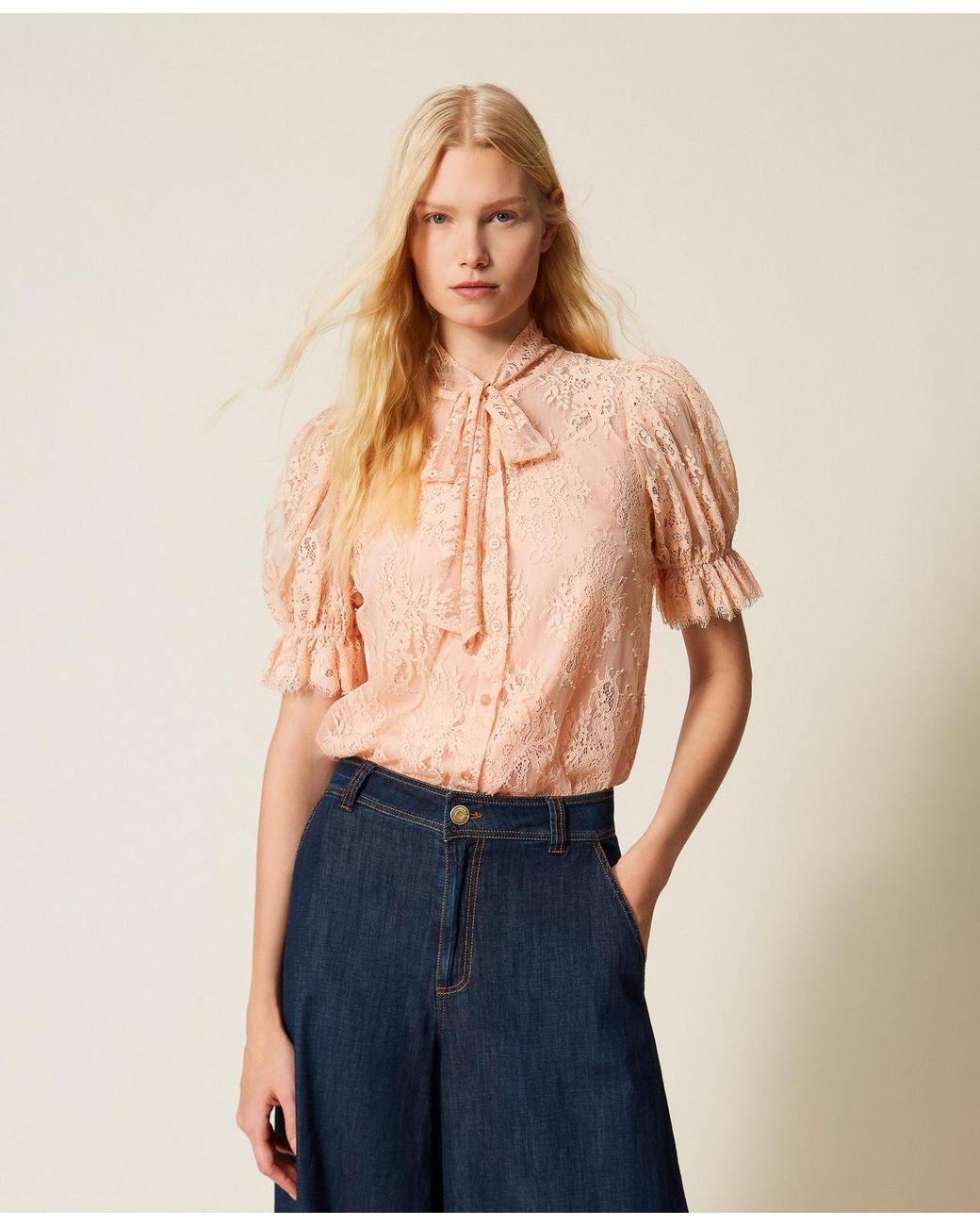 Twinset Blue Lace Shirt With Bow