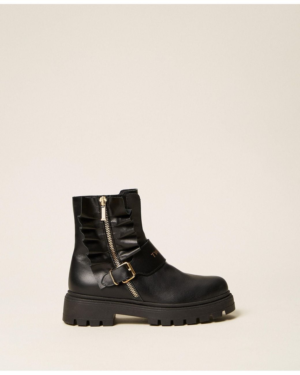 Twinset Black Leather Combat Boots With Gathering