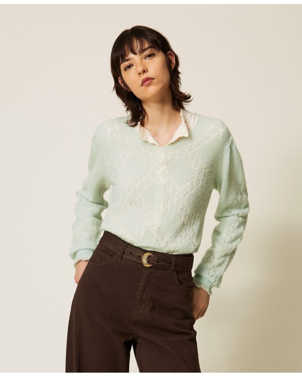 Twinset Natural Alpaca Blend Diamond Pattern Jumper