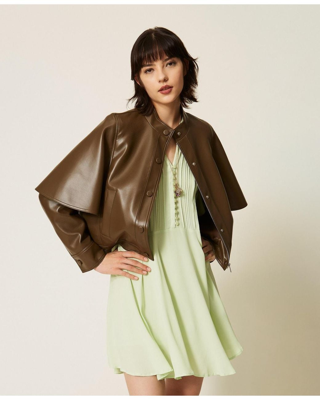 Twinset Brown Faux Leather Cape Jacket