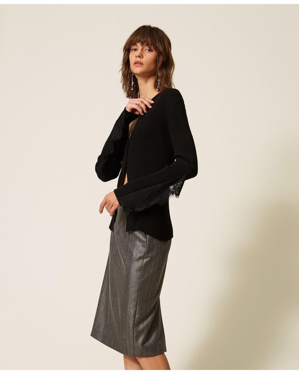 Twinset Natural Pinstriped Midi Skirt