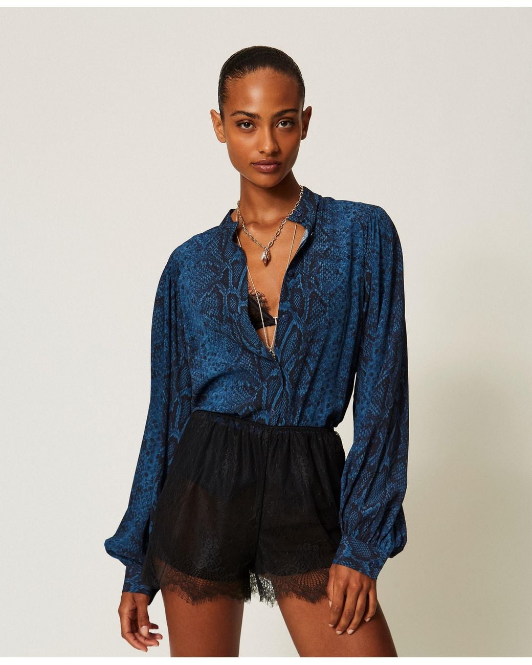 Twinset Blue Crêpe De Chine Python Print Shirt