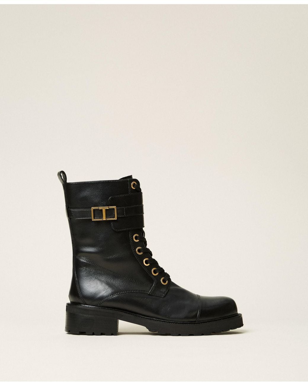 Twinset Black Leather Combat Boots With Logo