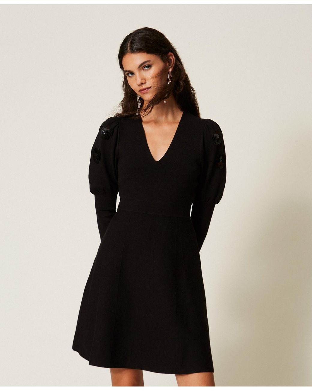 Twinset Black Short Knit Dress With Sequin Embroidery