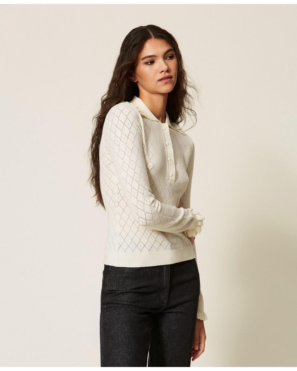 Twinset White Polo Collar Jumper With Ruffles