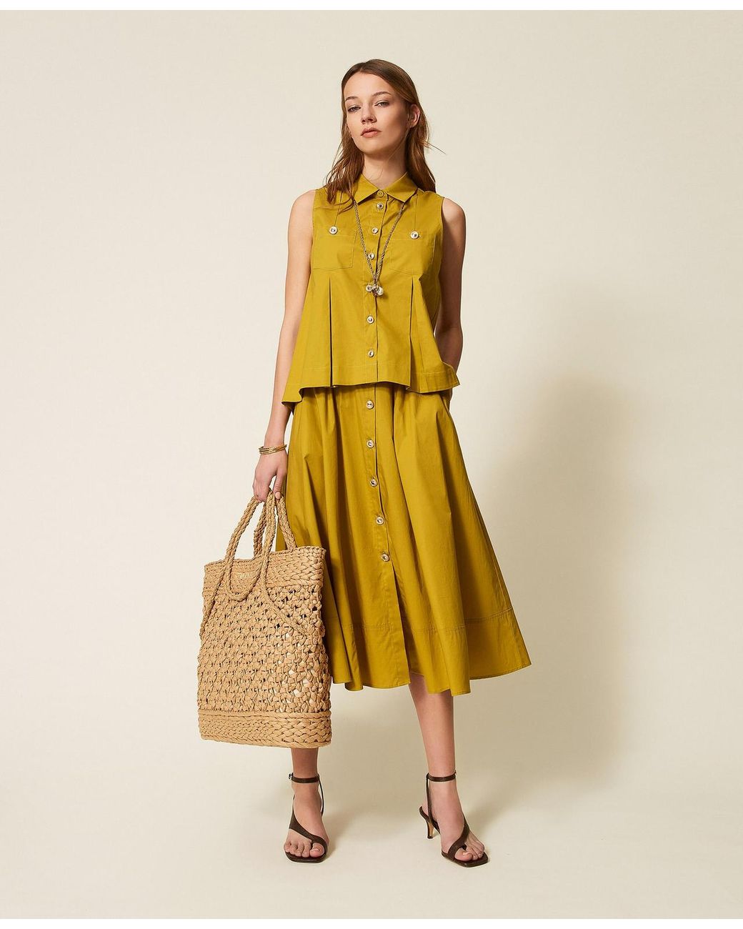 Twinset Yellow Long Poplin Skirt With Buttons