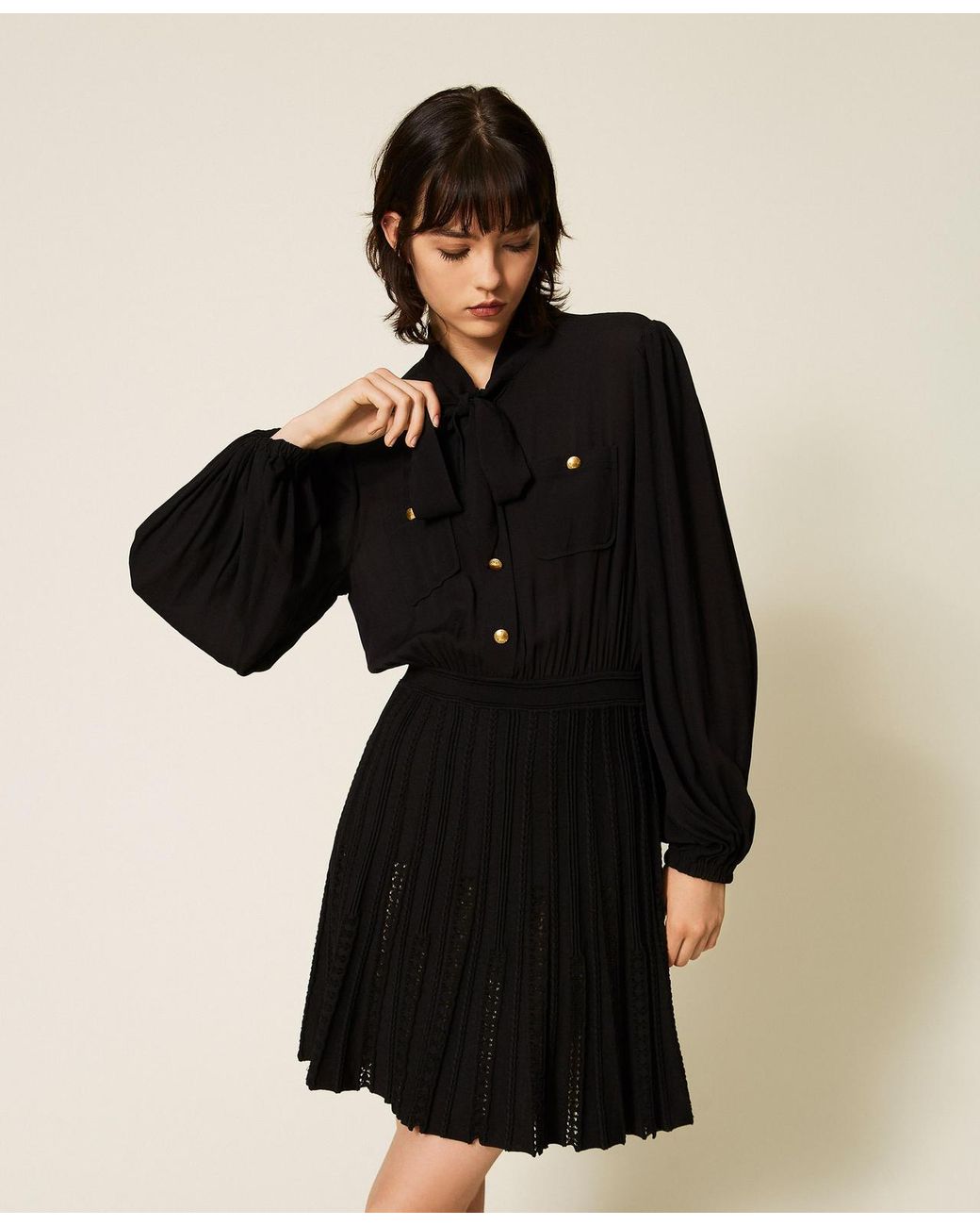 Twinset Black Short Dress With Knitted Skirt