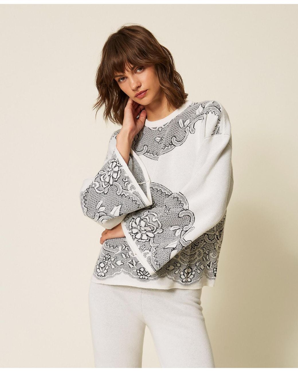 Twinset White Wool Blend Jacquard Maxi Jumper