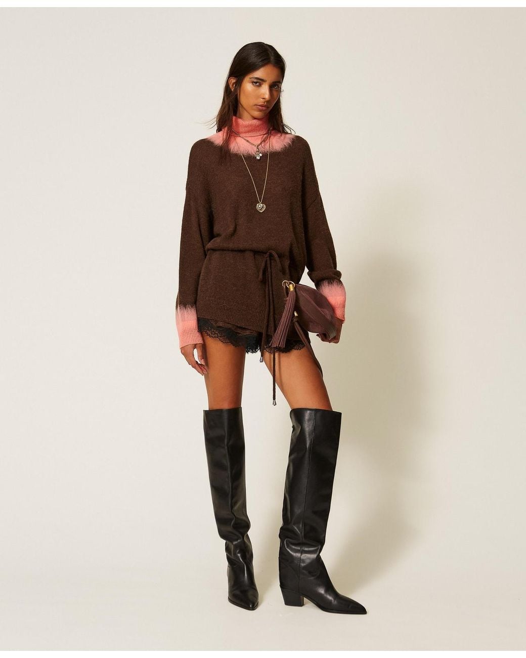 Twinset Natural Myfo Two-Tone Wool Blend Maxi Jumper
