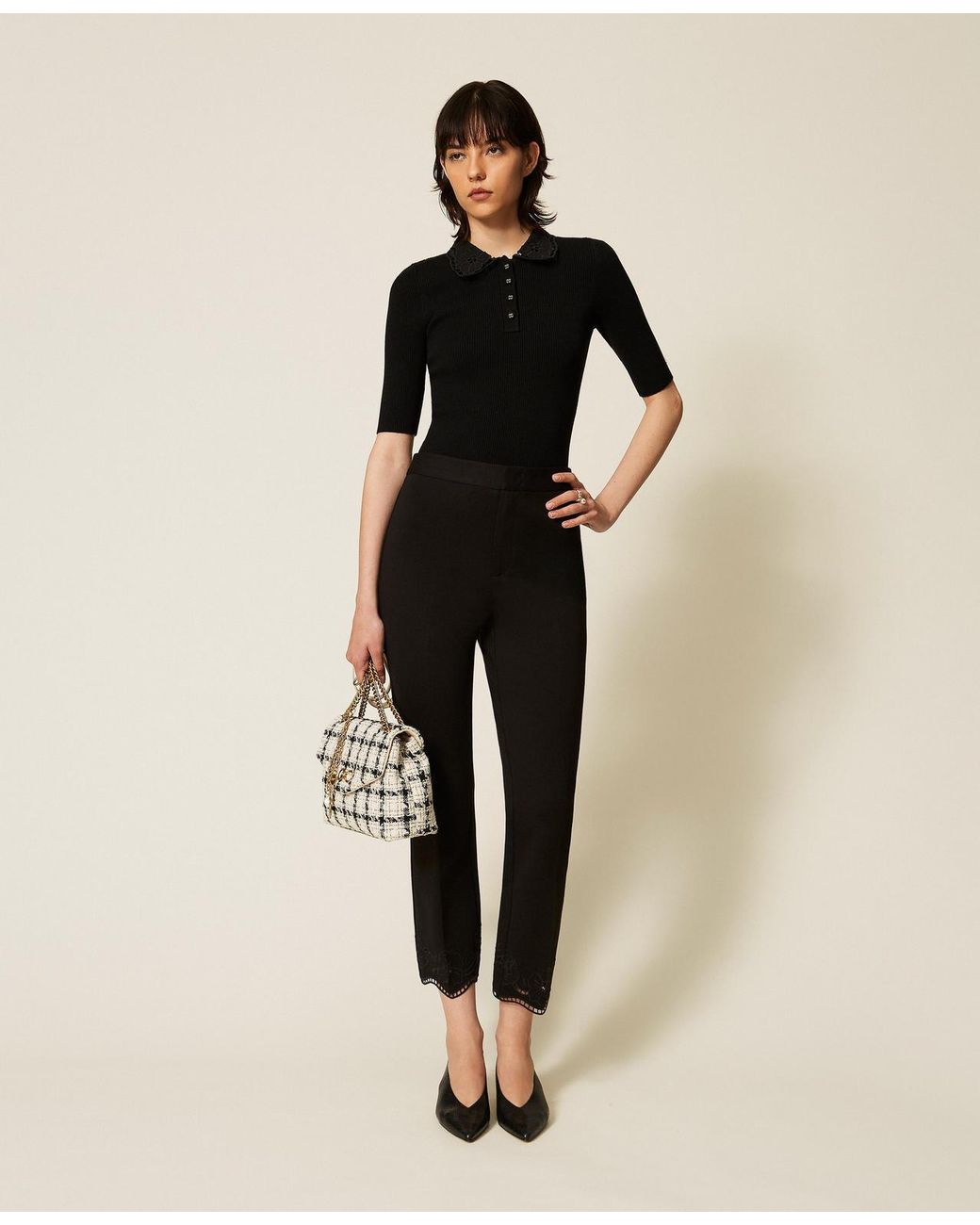 Twinset Natural Straight Trousers With Broderie Anglaise