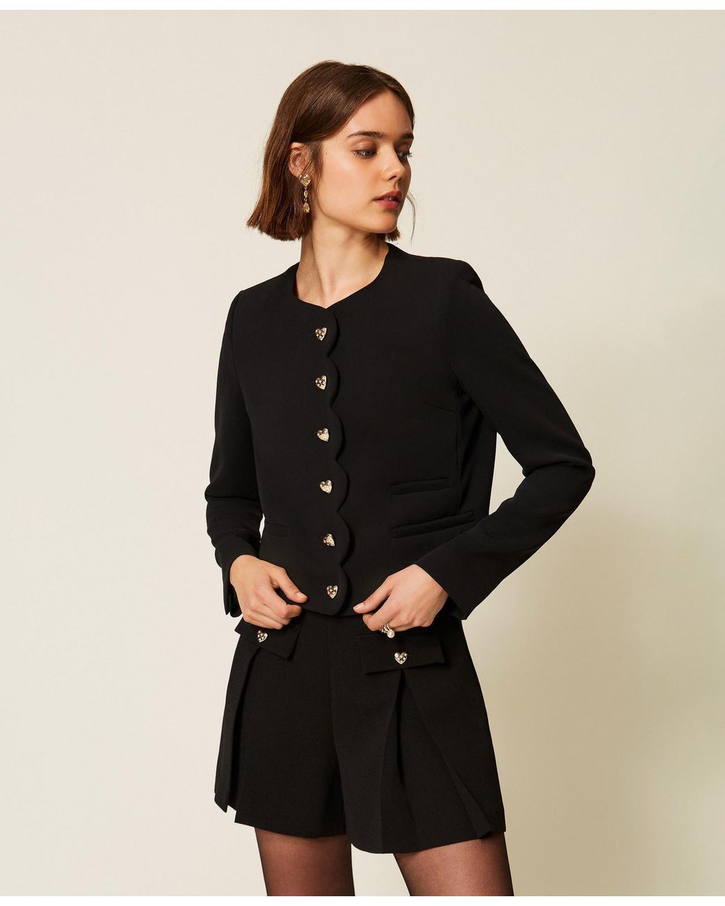 Twinset Black Crêpe Jacket With Heart-Shaped Buttons